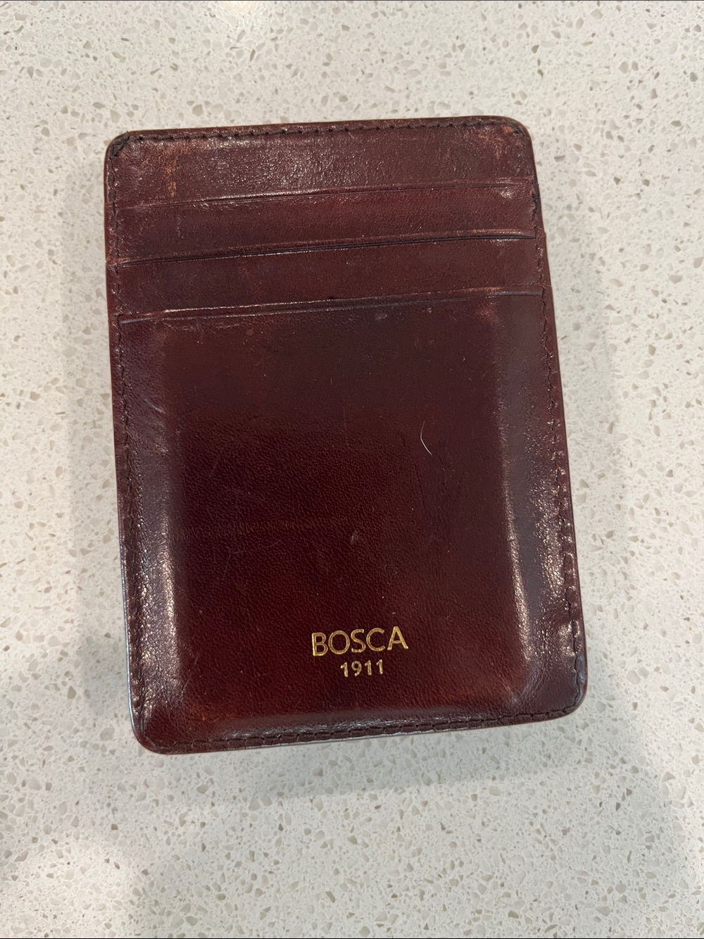 Bosca Burgundy Leather Card Sleeve with Gold Logo and money clip